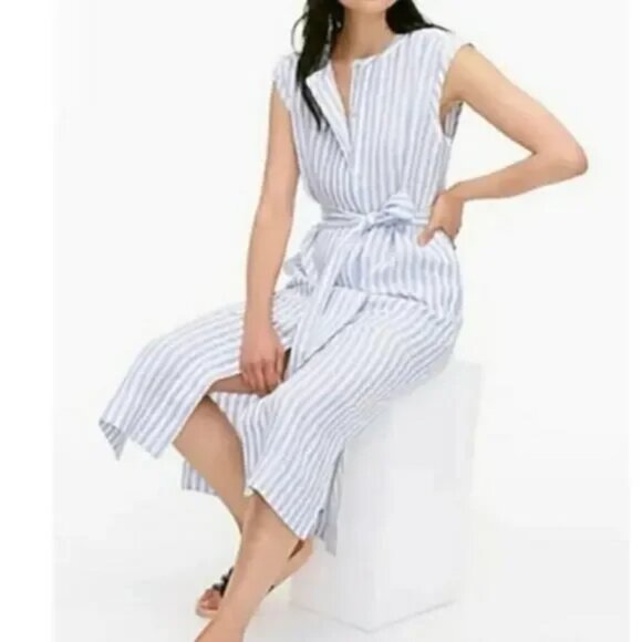 NWT J.CREW Tie-Waist 100% Linen Midi Shirt Dress in Stripe Size Medium - Picture 2 of 8